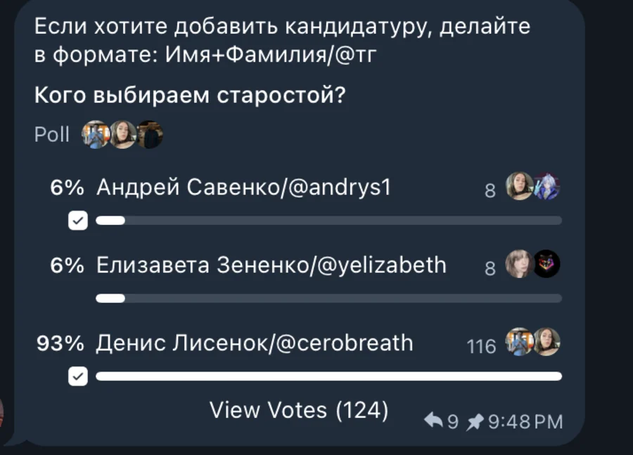 Сире опитування в чаті групи до фільтрації: 94% за Дениса Лисенка